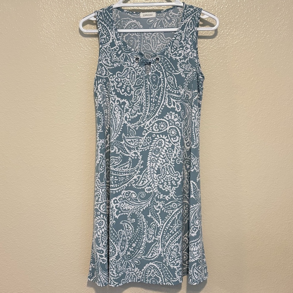 Espresso Women's Aqua White Paisley Sleeveless Dress Grommet Neck Boho No Tag